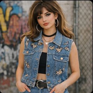 Vintage Denim Vest with Appliqués
